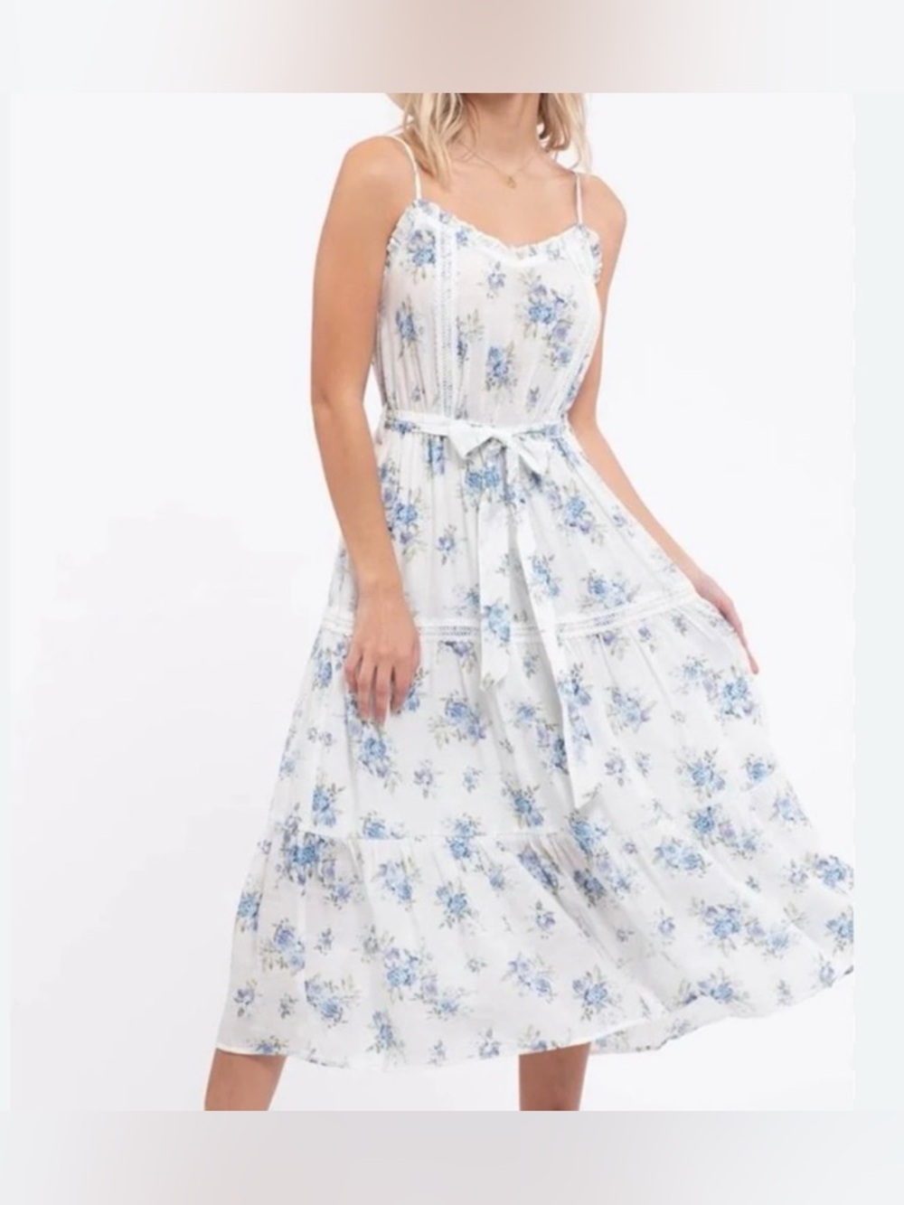 mine White Midi Dress with Blue Floral Print
